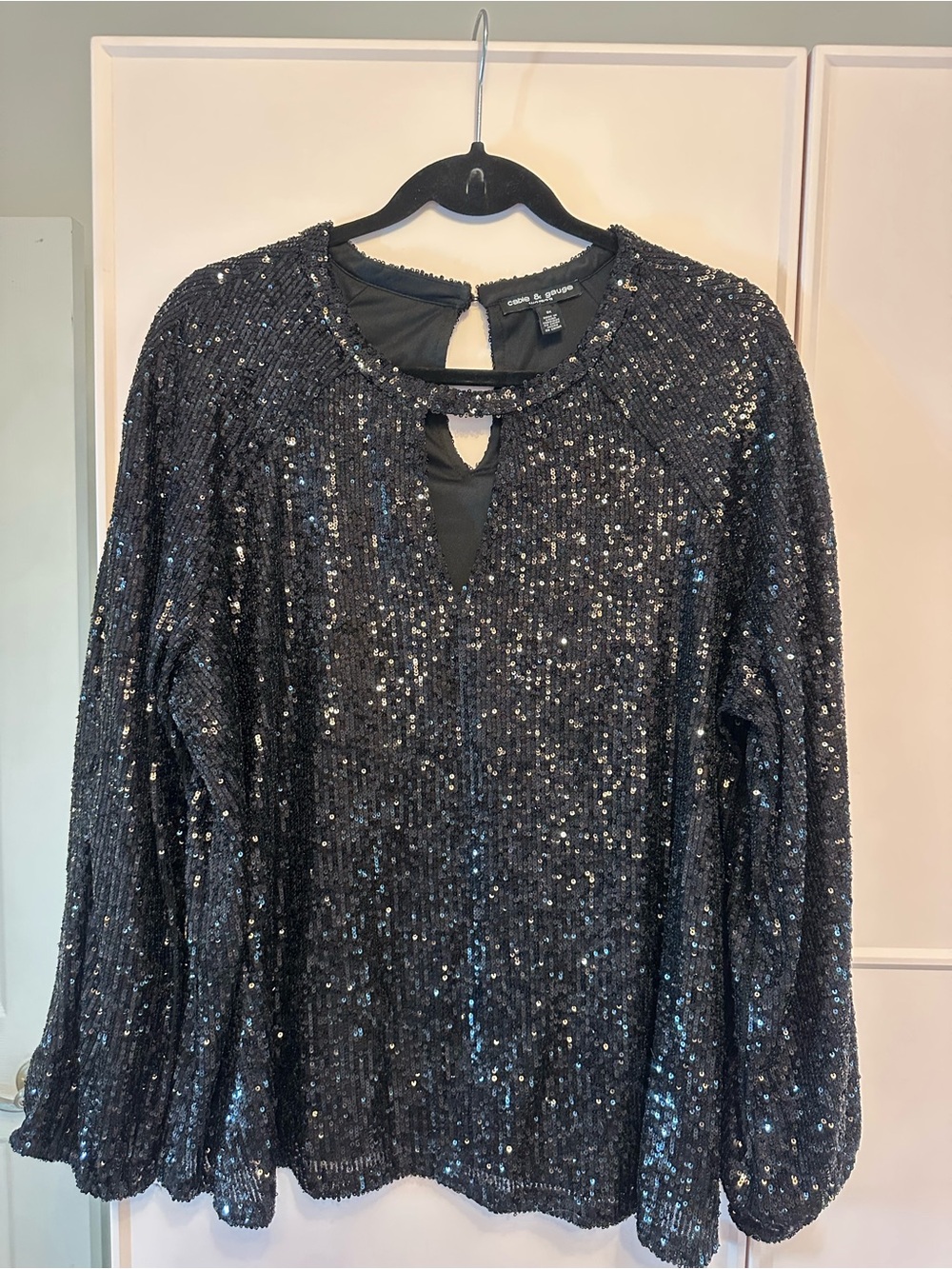 Black Sequin Long-Sleeve Knit Top Cable and Gauge 3x